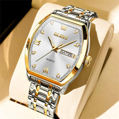 OLEVS Tonneau Diamond Dial Day Date Quartz Watch 5528 Steel Band for Men