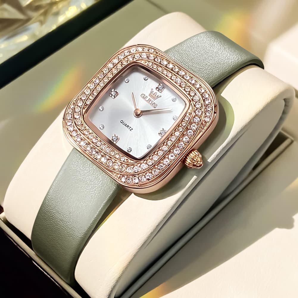 OLEVS Square Diamond Bezel Leather Watch 5512 Petite Quartz for Women