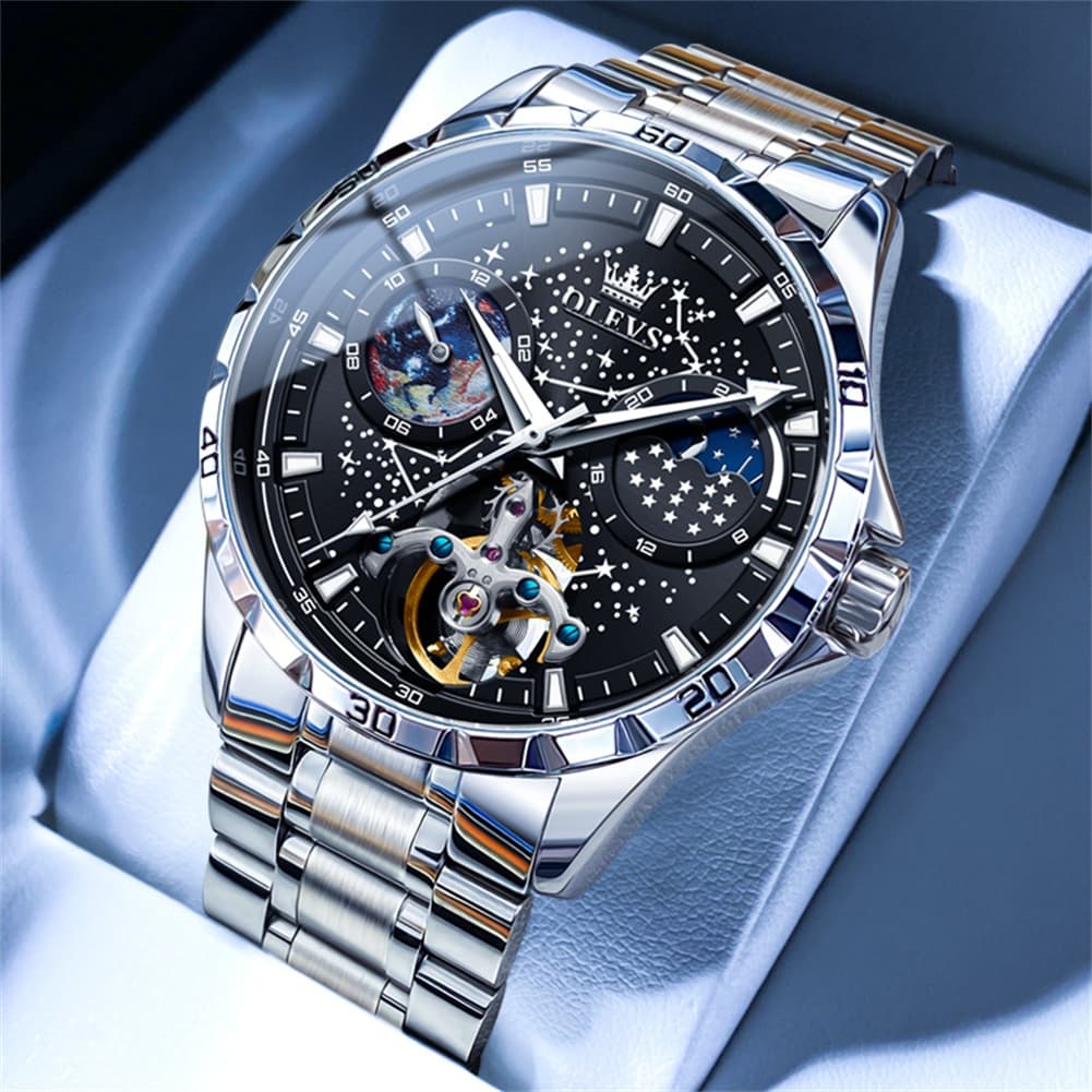 OLEVS 6689 Automatic Skeleton Starry Sky Leather Steel Watch for Men