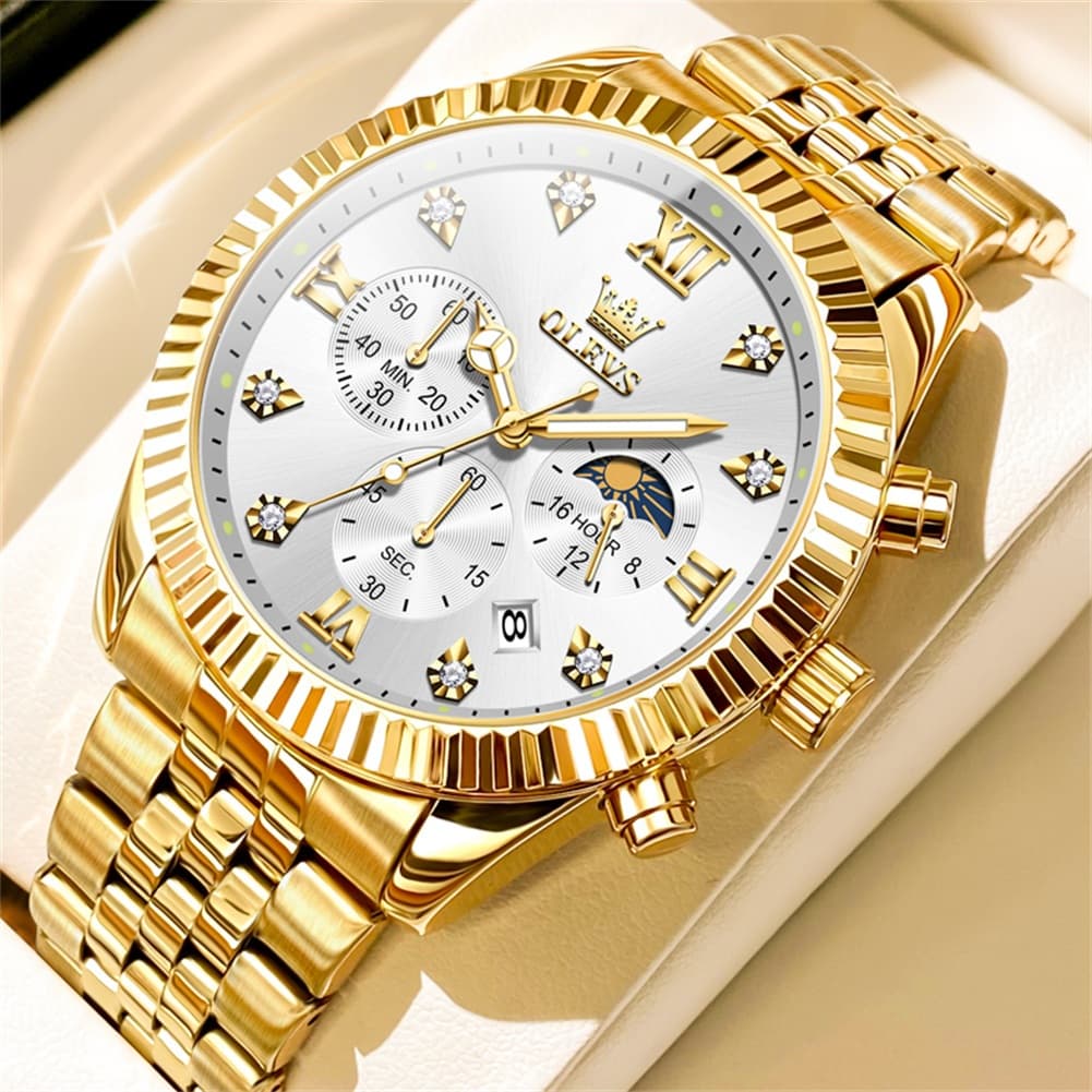 OLEVS 2932 Luxury Gold Fluted Bezel Quartz Watch for Men