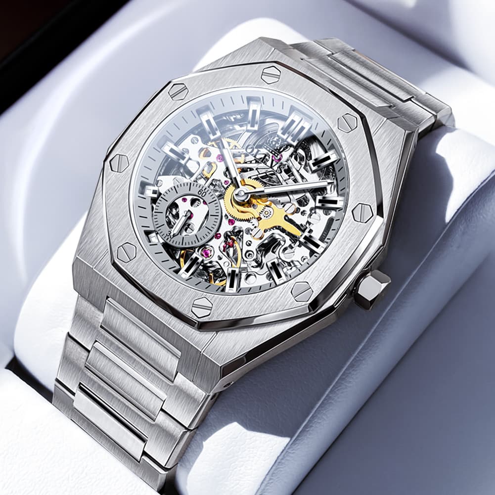 OLEVS 6669 Stainless Steel Octagonal Skeleton Watch for Men