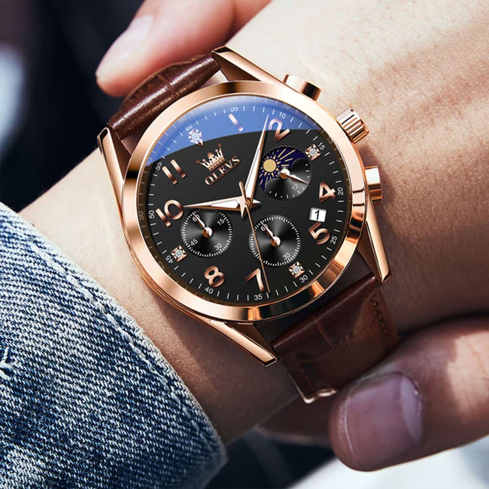 OLEVS 2890 Leather Chronograph Moon Phase Watch for Men