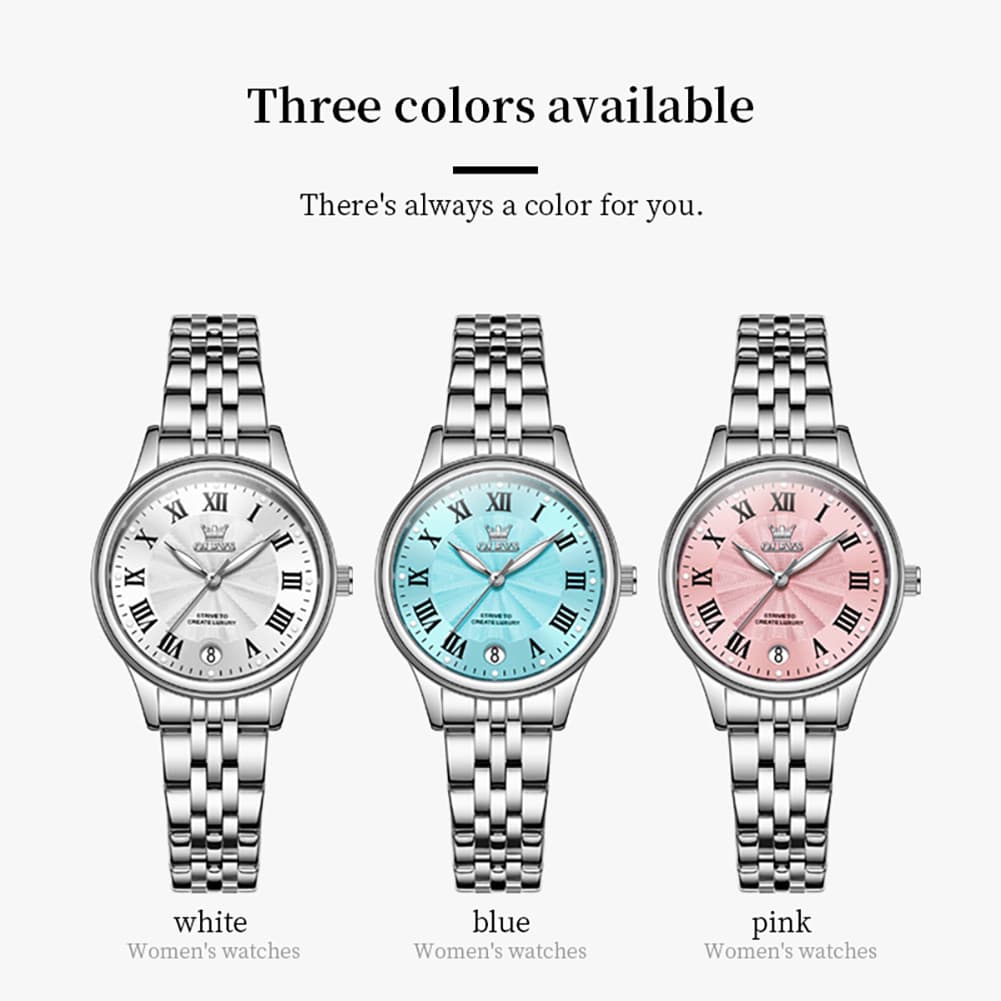 OLEVS Women Tiffany Blue Watch Roman Numeral Silver Stainless Steel Date Quartz 5600