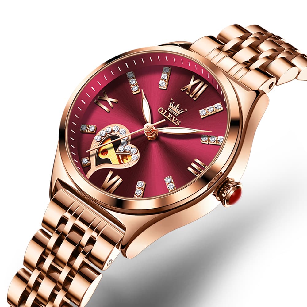 OLEVS 6636 Leather Skeleton Mechanical Watch for Women