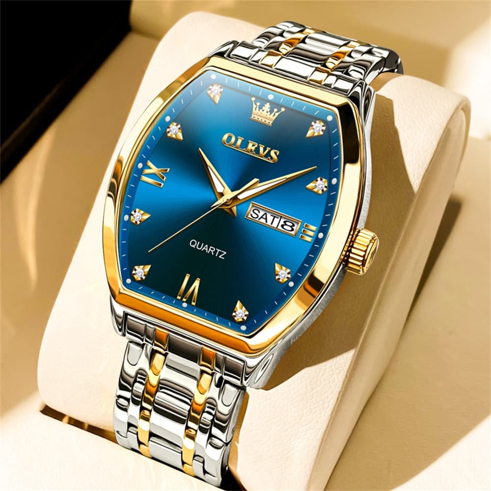 OLEVS Tonneau Diamond Dial Day Date Quartz Watch 5528 Steel Band for Men