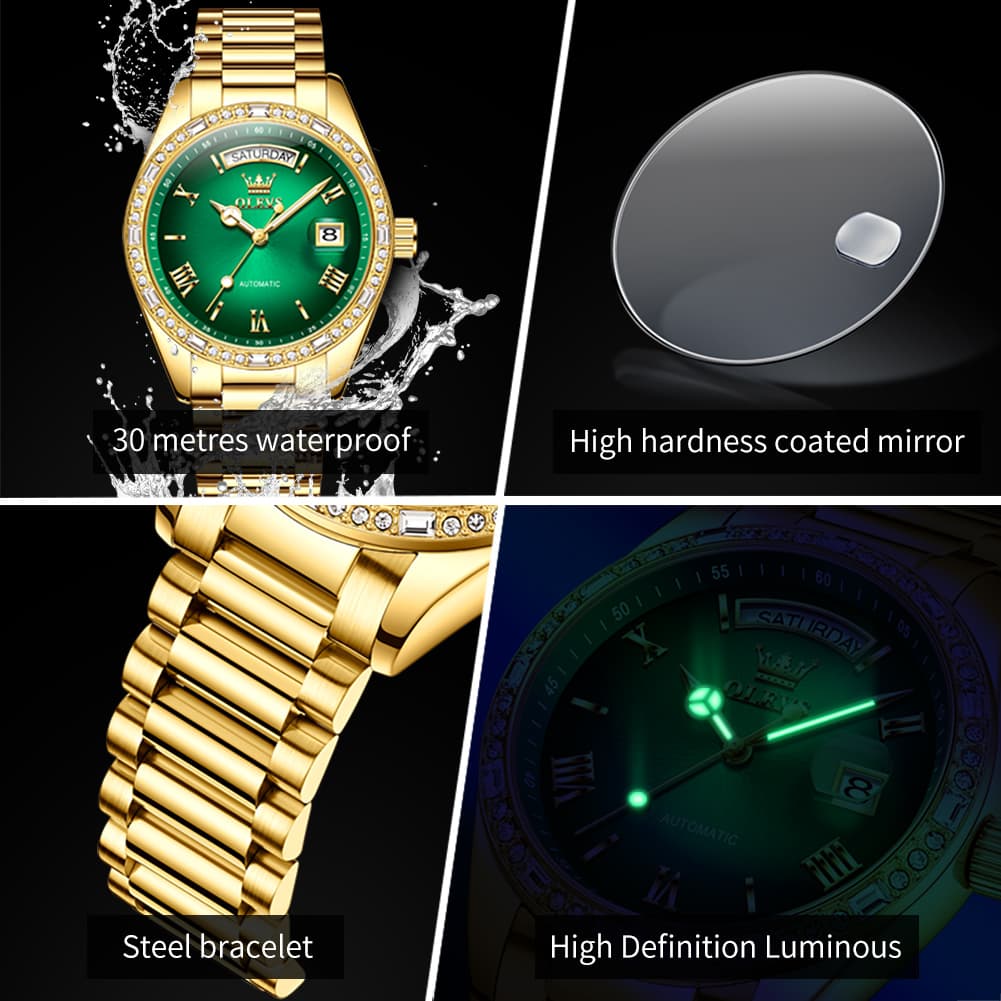 OLEVS 6747 Diamond Bezel Day Date Mechanical Watch for Men