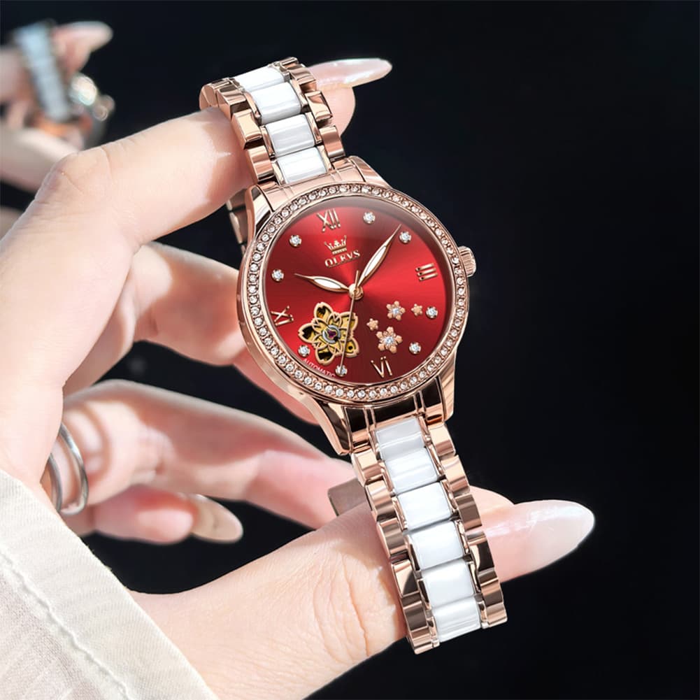 OLEVS 7074 Ceramic Open Heart Automatic Watch For Women