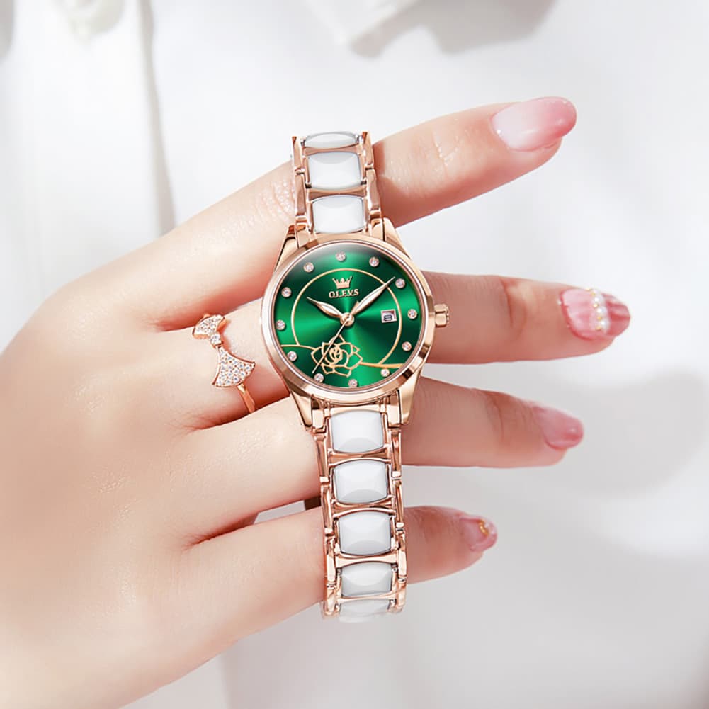 OLEVS 3606 Ceramic Rose Motif Quartz Watch for Women