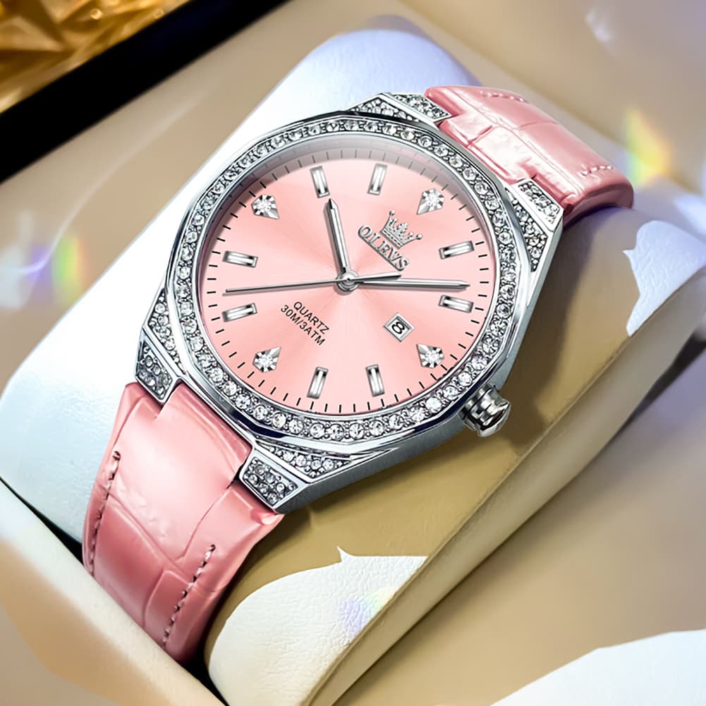 OLEVS Women Octagonal Watch Diamond Bezel Leather Strap Date Quartz 5606
