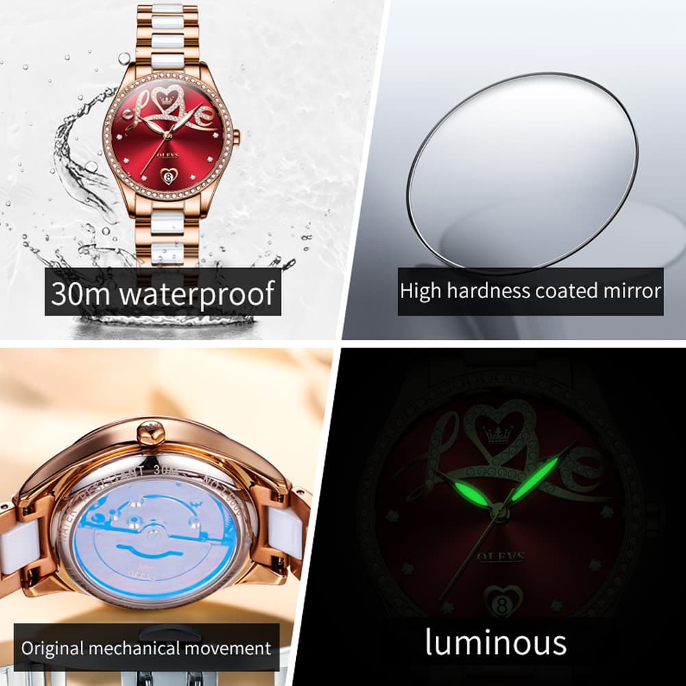 OLEVS 6686 Romantic Love Dial Ceramic Mechanical Watch for Women