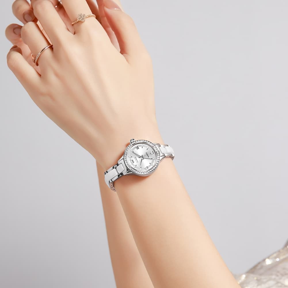 OLEVS 7093 White Ceramic Watch Women Dainty Diamond Bezel Date Quartz Jewelry Timepiece