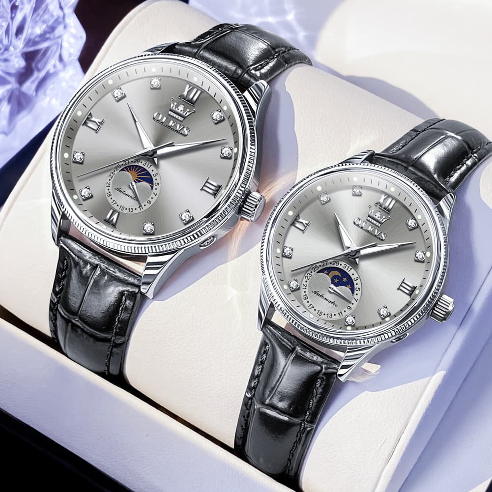 OLEVS 7039 Leather Moon Phase Couples Watch Set
