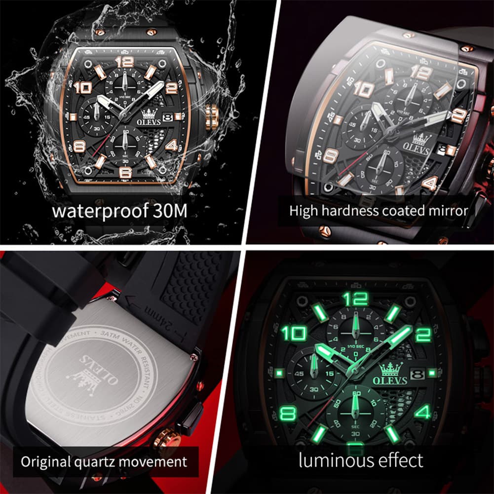 OLEVS 2976 Tonneau Silicone Chronograph Watch for Men