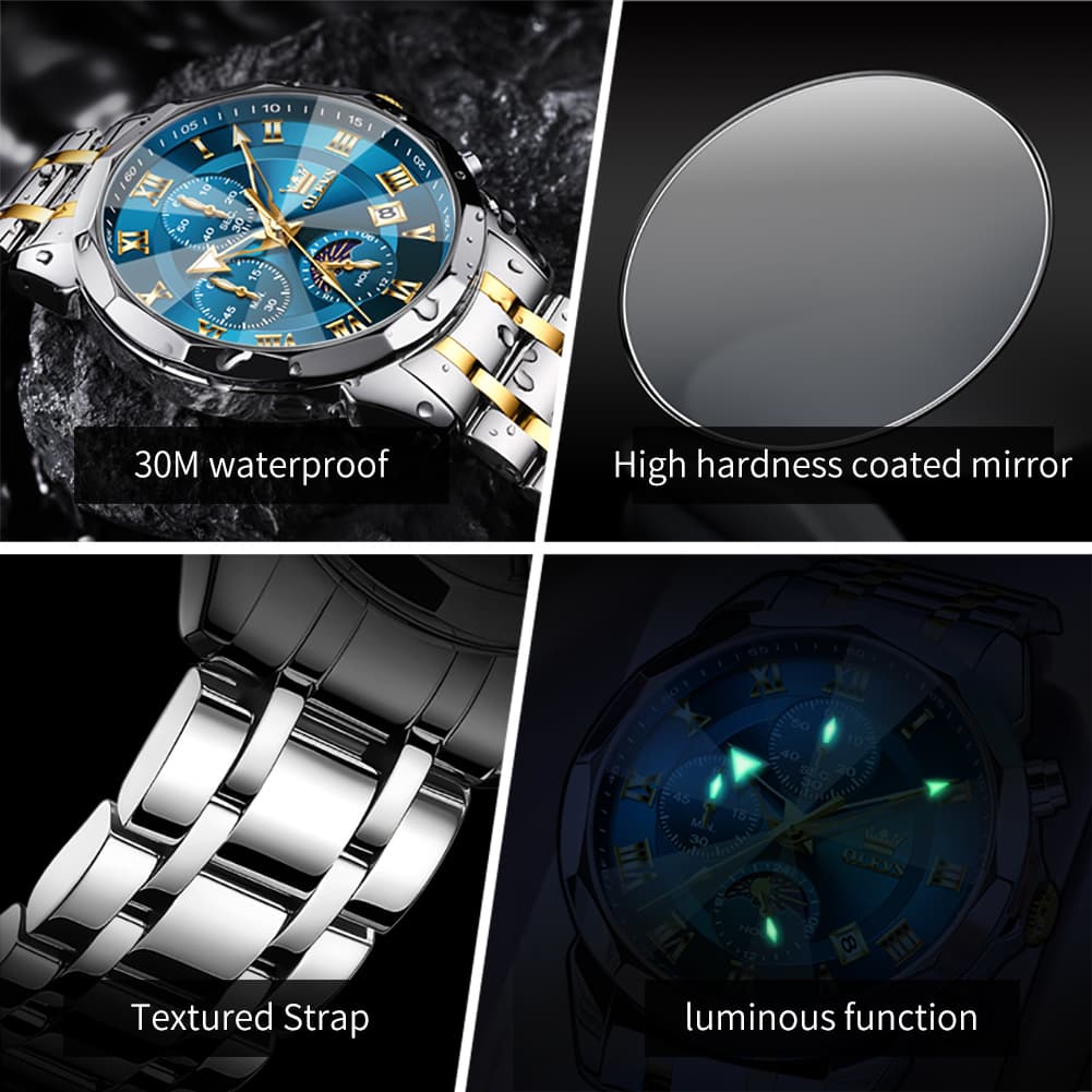 OLEVS 3675 Quartz 3D Rhombic Roman Chronograph Watch For Men