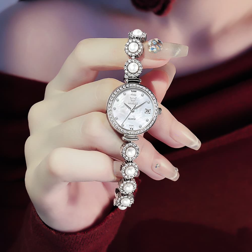 OLEVS Women Pearl Bracelet Watch Diamond Mother of Pearl Date Quartz 5635