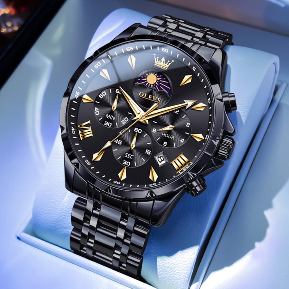 OLEVS 3653 Chronograph Moon Phase Sporty Dial Stainless Steel Watch For Men