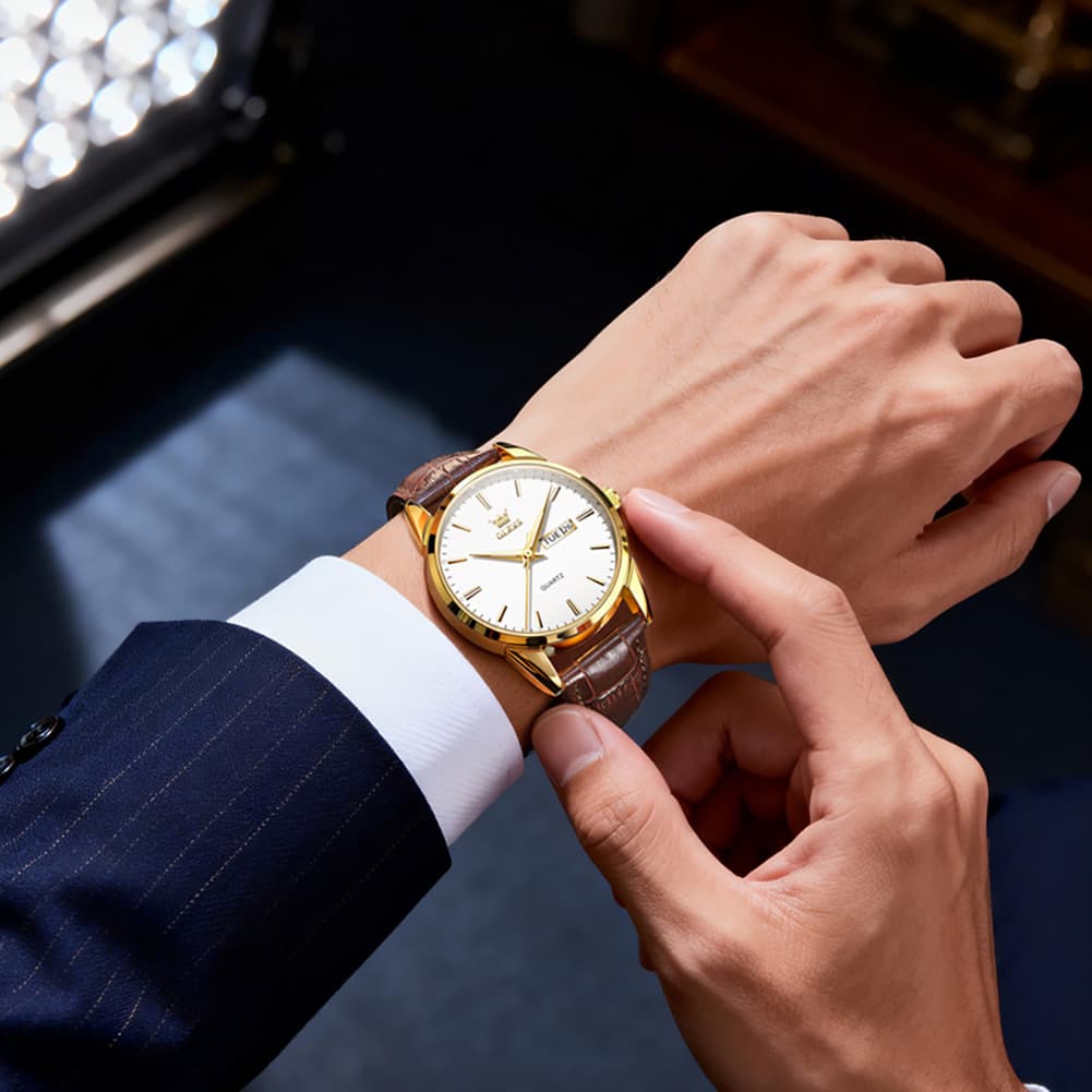 OLEVS 6898P Ultra Thin Day Date Watch Leather Strap Quartz Casual Timepiece for Men