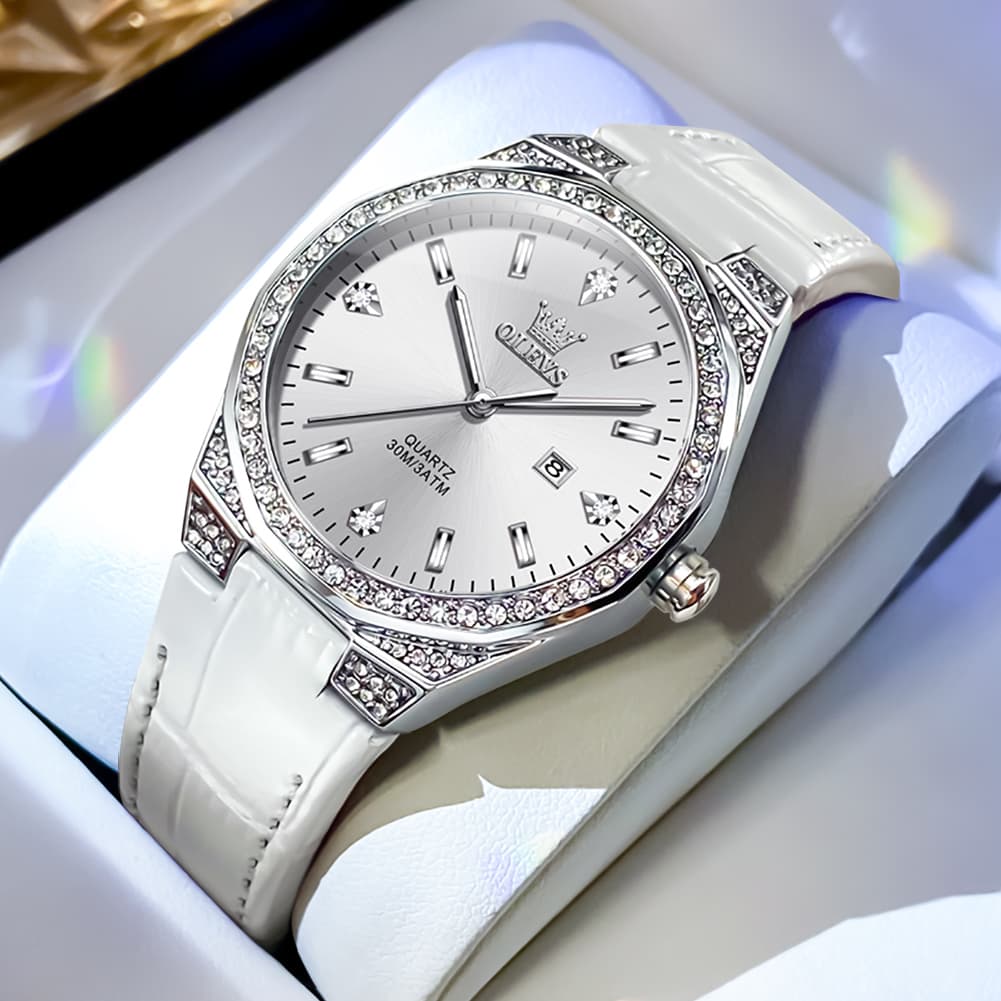 OLEVS Women Octagonal Watch Diamond Bezel Leather Strap Date Quartz 5606