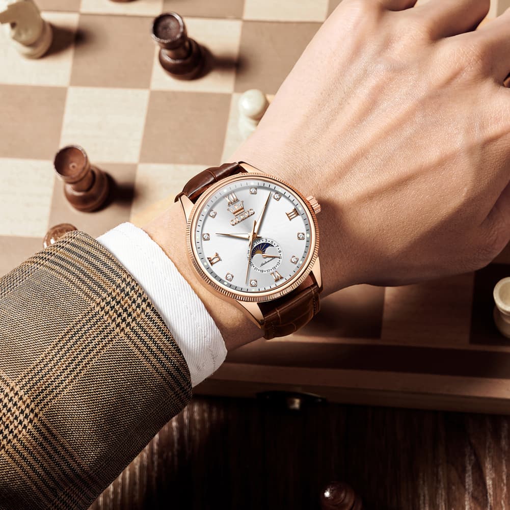 OLEVS 7039 Leather Moon Phase Mechanical Watch For Men