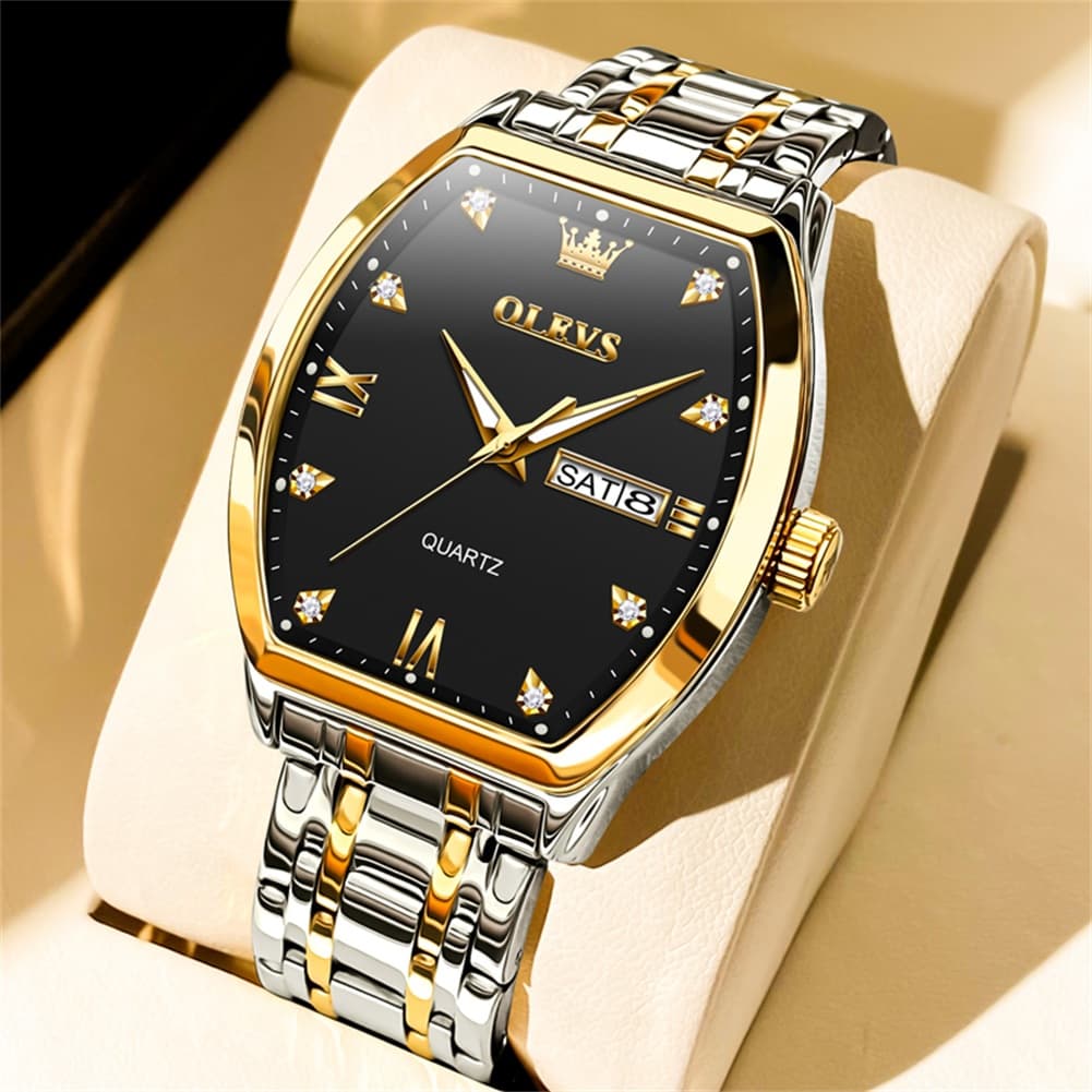 OLEVS Tonneau Diamond Dial Day Date Quartz Watch 5528 Steel Band for Men