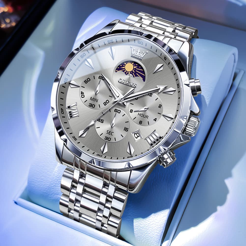 OLEVS 3653 Chronograph Moon Phase Sporty Dial Stainless Steel Watch For Men