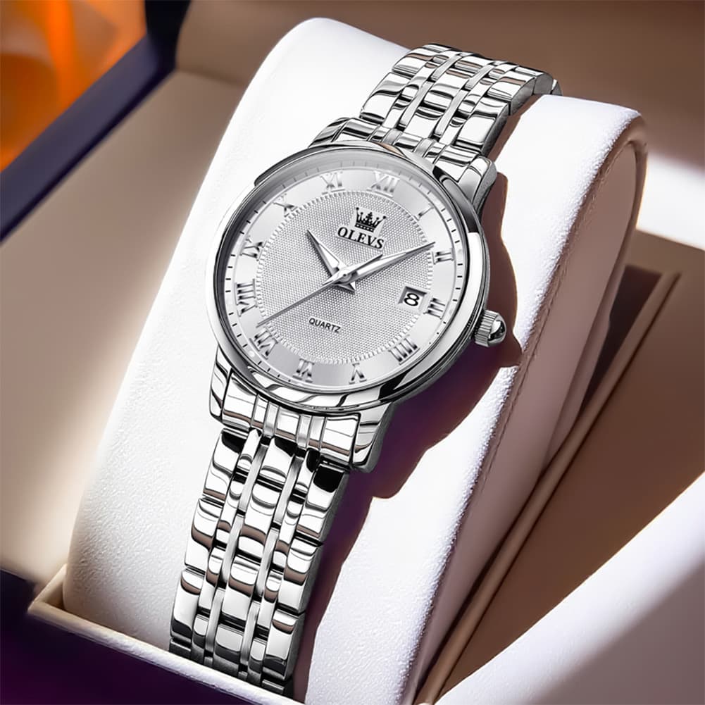 OLEVS Women Sunray Pastel Watch Petite Silver Stainless Steel Date Quartz 5611