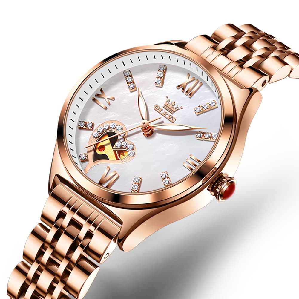 OLEVS 6636 Leather Skeleton Mechanical Watch for Women