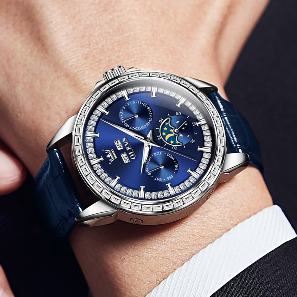 OLEVS 6695P Baguette Diamond Leather Mechanical Watch for Men