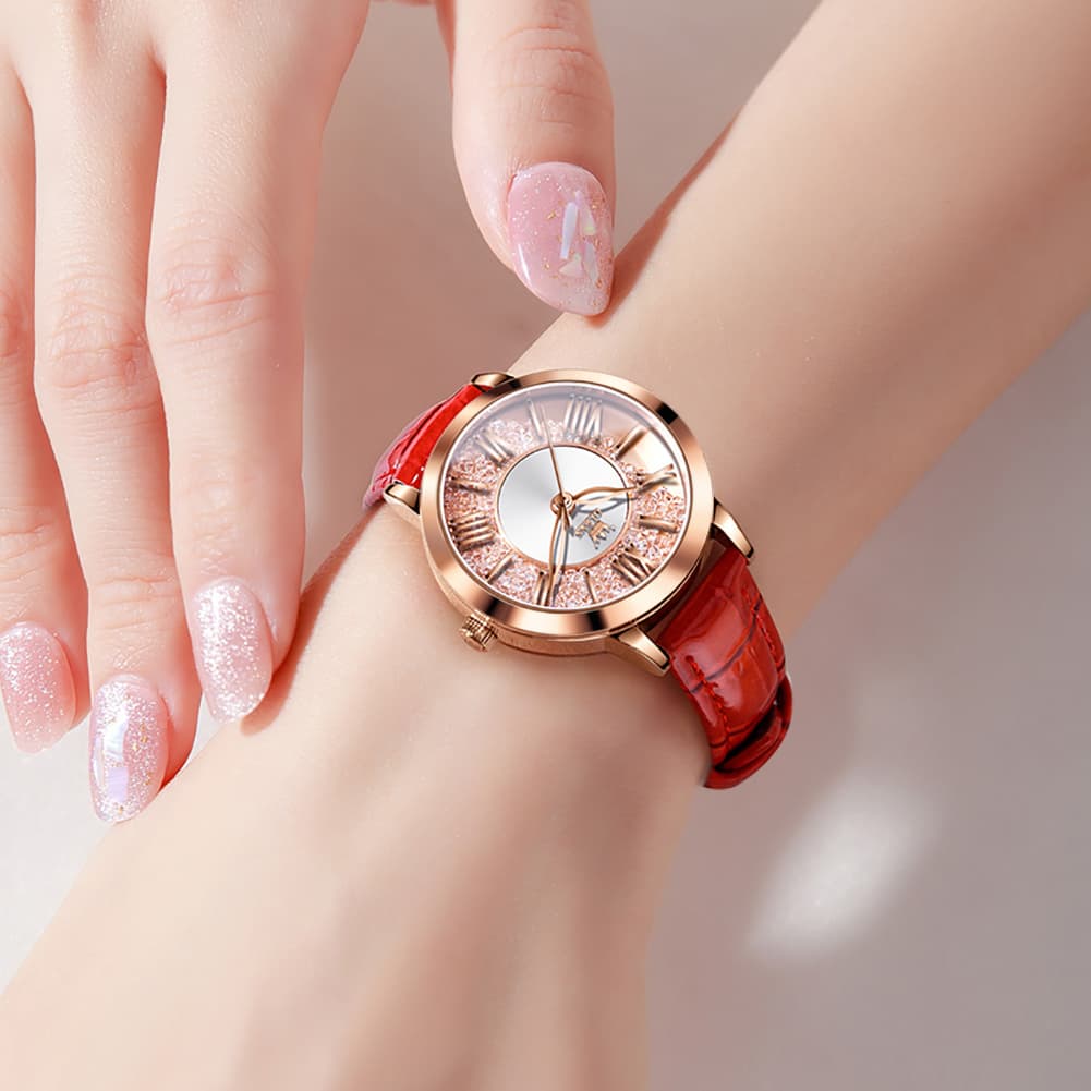 OLEVS Flowing Quicksand Crystal Dress Watch for Women Leather Strap 5539