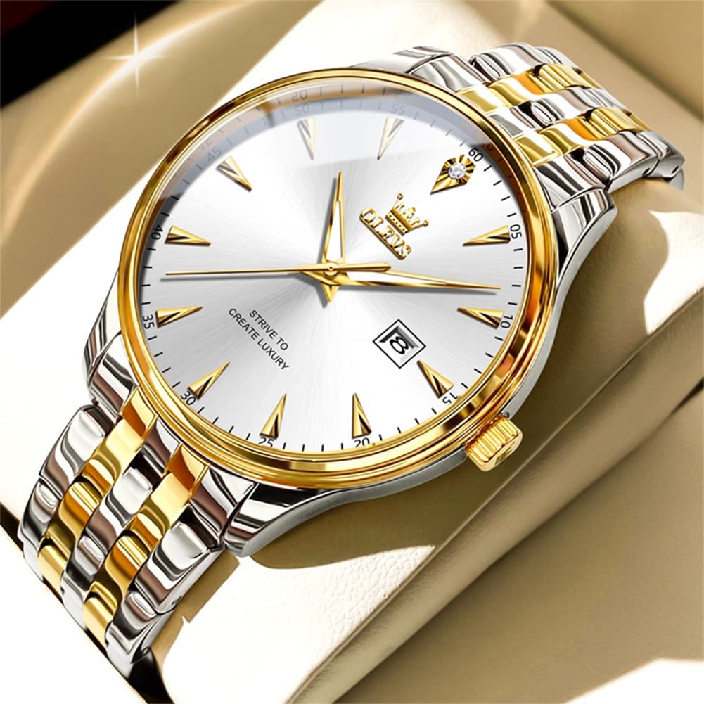 OLEVS Couple Watch Faceted Crystal Two Tone Stainless Steel Date Quartz 5598