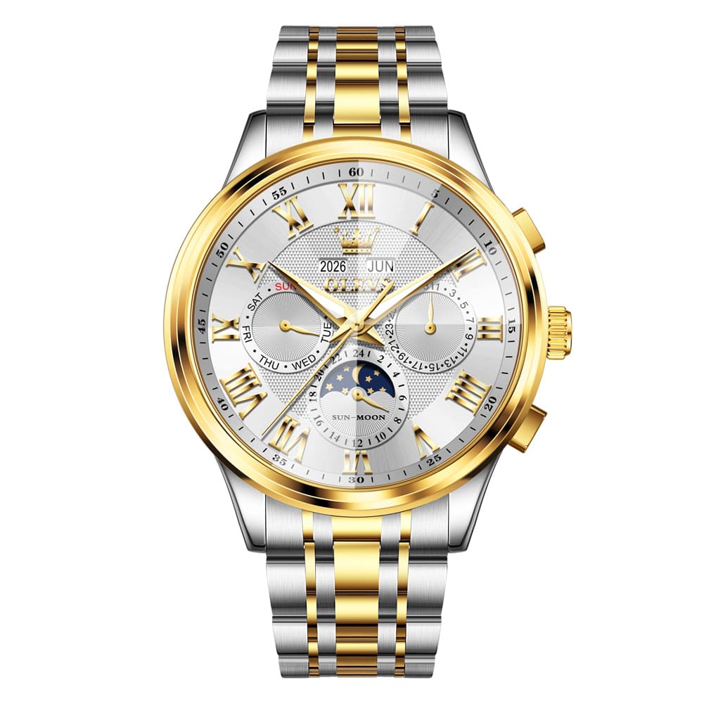 OLEVS 7113 Diamond Cut Glass Moon Phase Automatic Mechanical Watch for Men