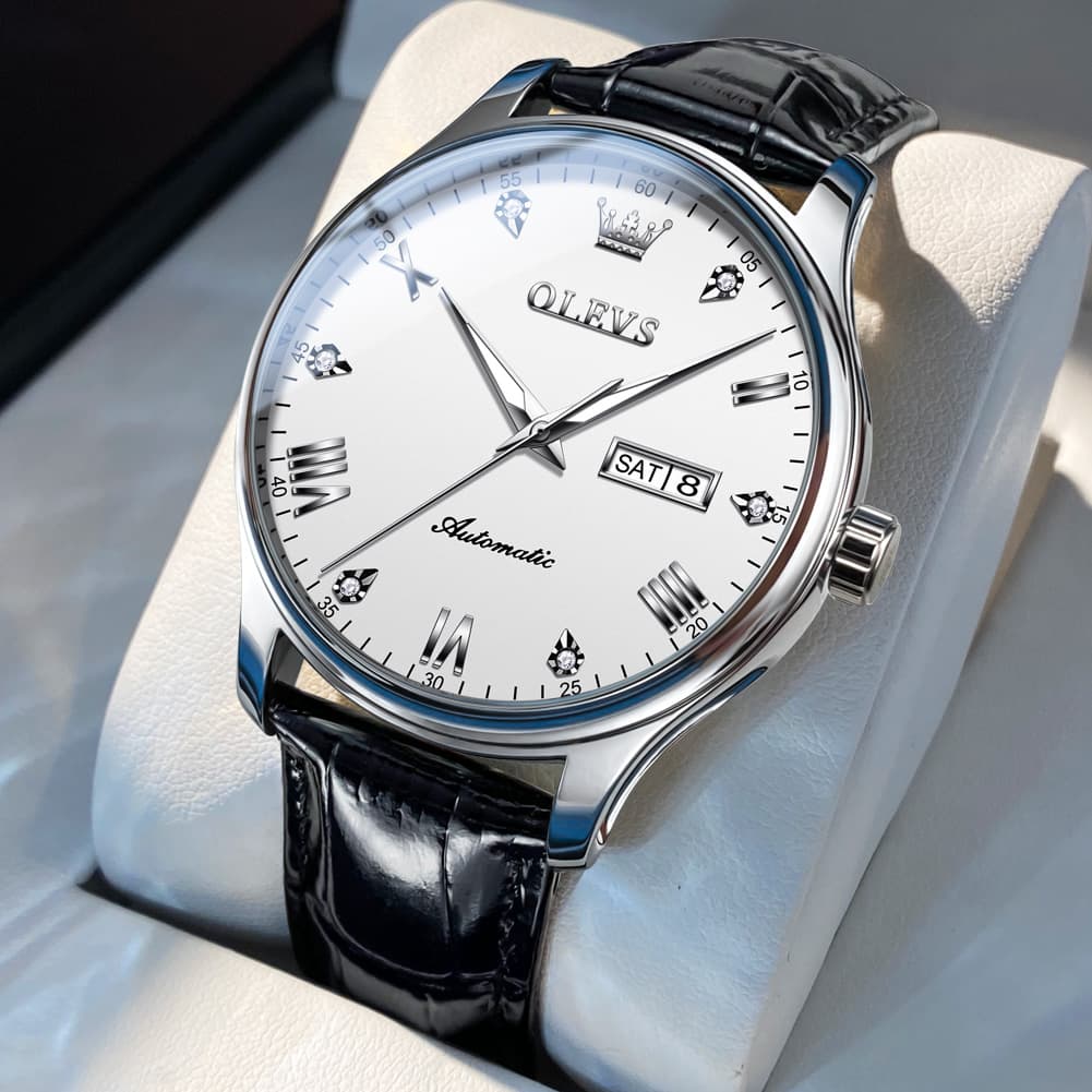 OLEVS Couple Watches Diamond Dial Automatic Mechanical Watch 9932 Leather Strap for His and Hers