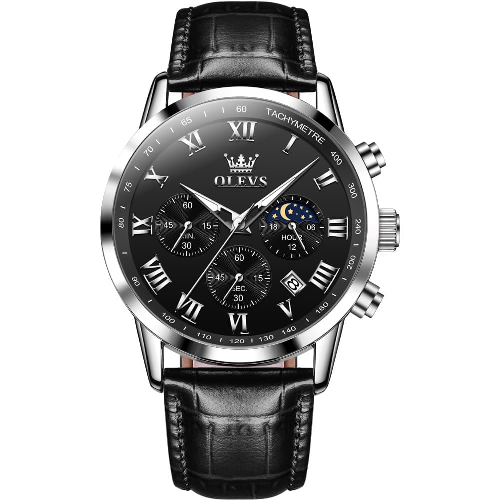 OLEVS Chronograph Moon Phase Dress Watch Leather Strap for Men 5529