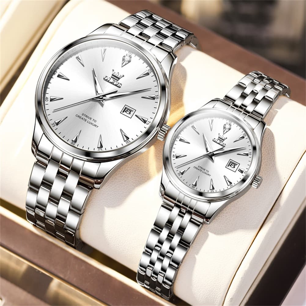 OLEVS Couple Watch Faceted Crystal Two Tone Stainless Steel Date Quartz 5598