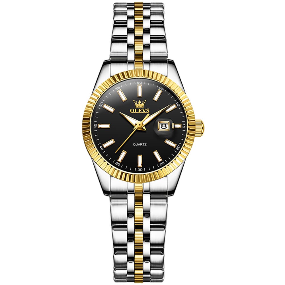 OLEVS Couple Watch Fluted Bezel Two Tone Stainless Steel Date Quartz 5593
