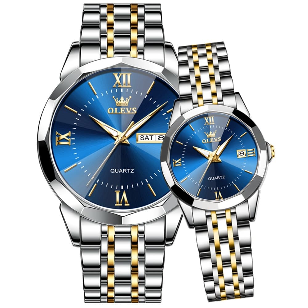OLEVS 9989 Diamond Cut Glass Couple Dress Watch for Men and Women