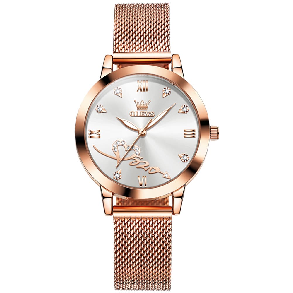 OLEVS Romantic Heart Crystal Dress Watch for Women Rose Gold Milanese Mesh 5530