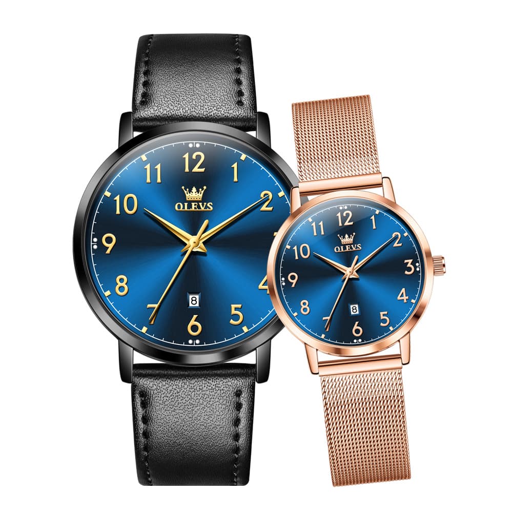 OLEVS 5653 Ultra Thin Couple Watch Milanese Mesh and Leather Strap Date Timepiece for Men and Women