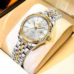 OLEVS Couple Watch Fluted Bezel Two Tone Stainless Steel Date Quartz 5593