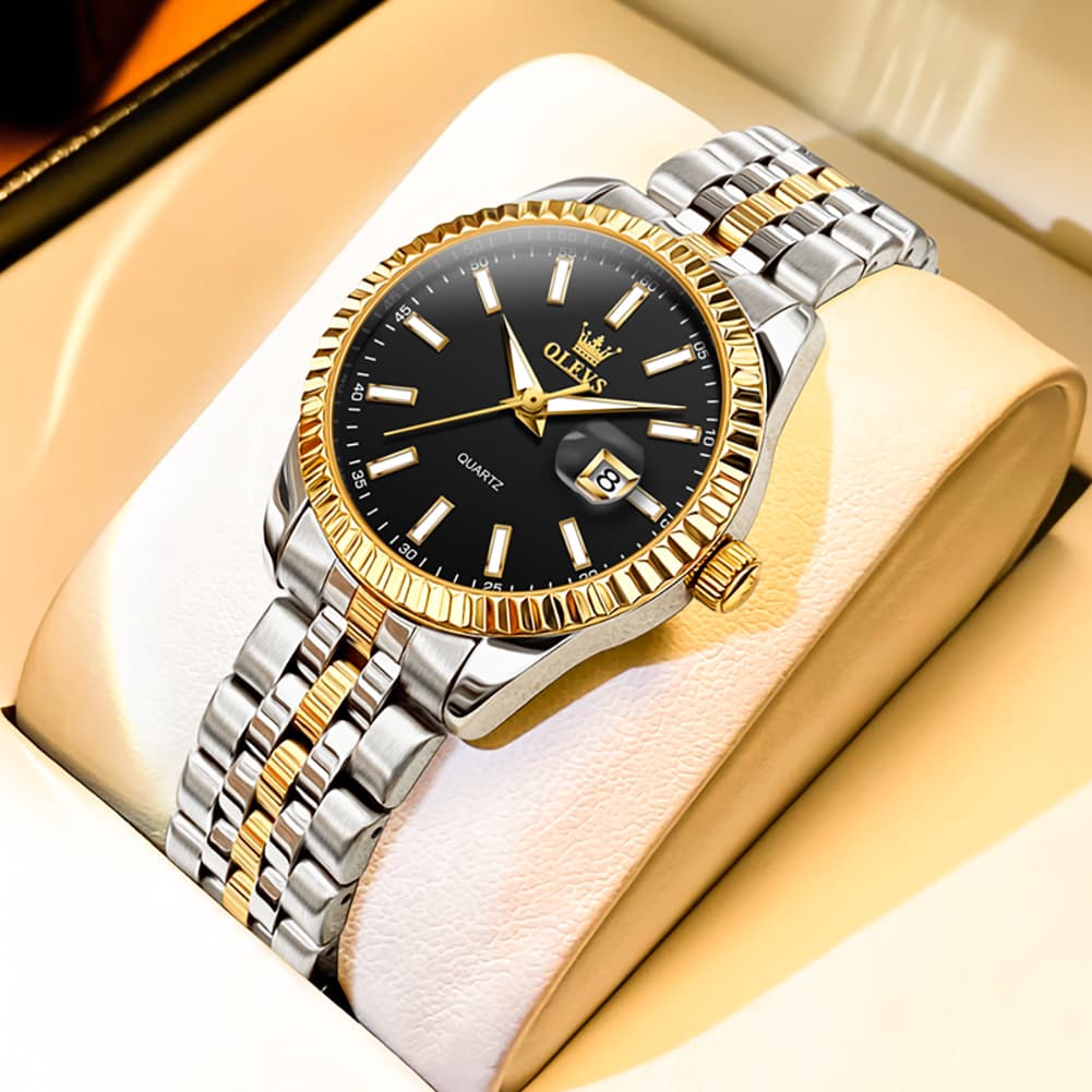 OLEVS Couple Watch Fluted Bezel Two Tone Stainless Steel Date Quartz 5593
