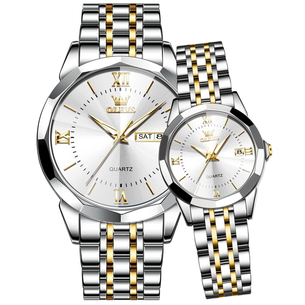 OLEVS 9989 Diamond Cut Glass Couple Dress Watch for Men and Women
