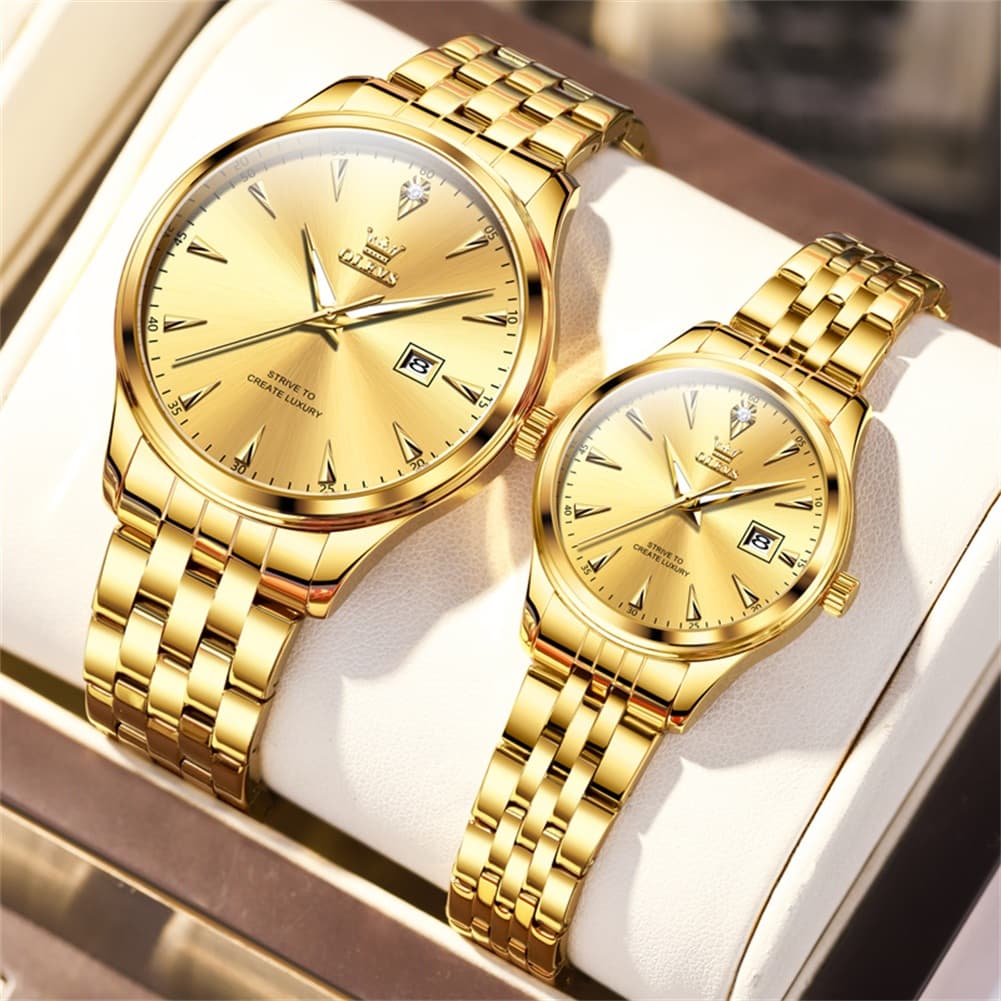OLEVS Couple Watch Faceted Crystal Two Tone Stainless Steel Date Quartz 5598