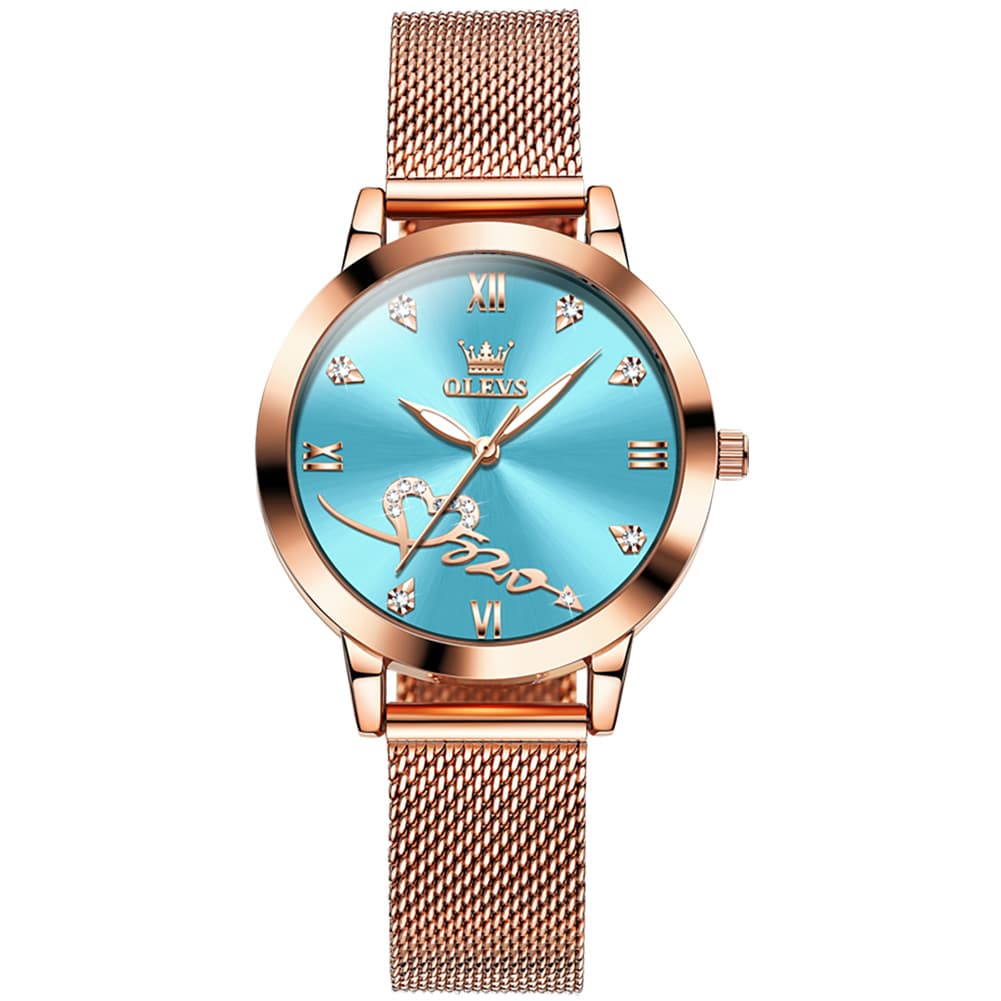OLEVS Romantic Heart Crystal Dress Watch for Women Rose Gold Milanese Mesh 5530
