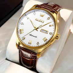OLEVS Couple Watches Diamond Dial Automatic Mechanical Watch 9932 Leather Strap for His and Hers