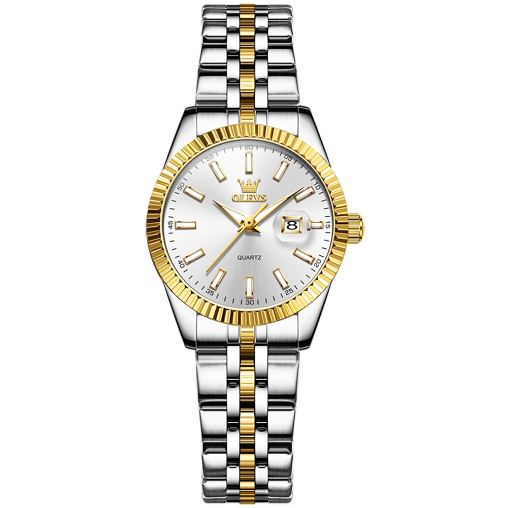 OLEVS Couple Watch Fluted Bezel Two Tone Stainless Steel Date Quartz 5593