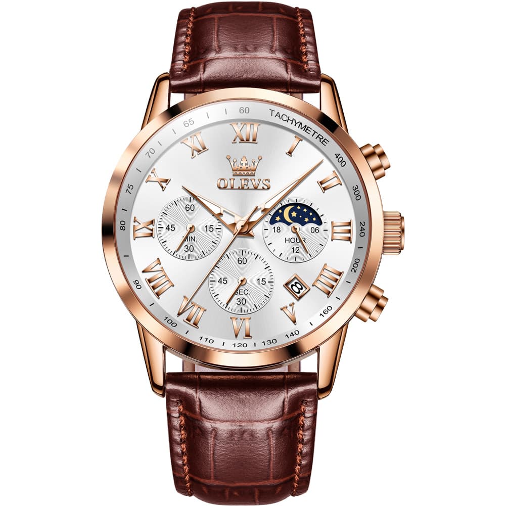 OLEVS Chronograph Moon Phase Dress Watch Leather Strap for Men 5529