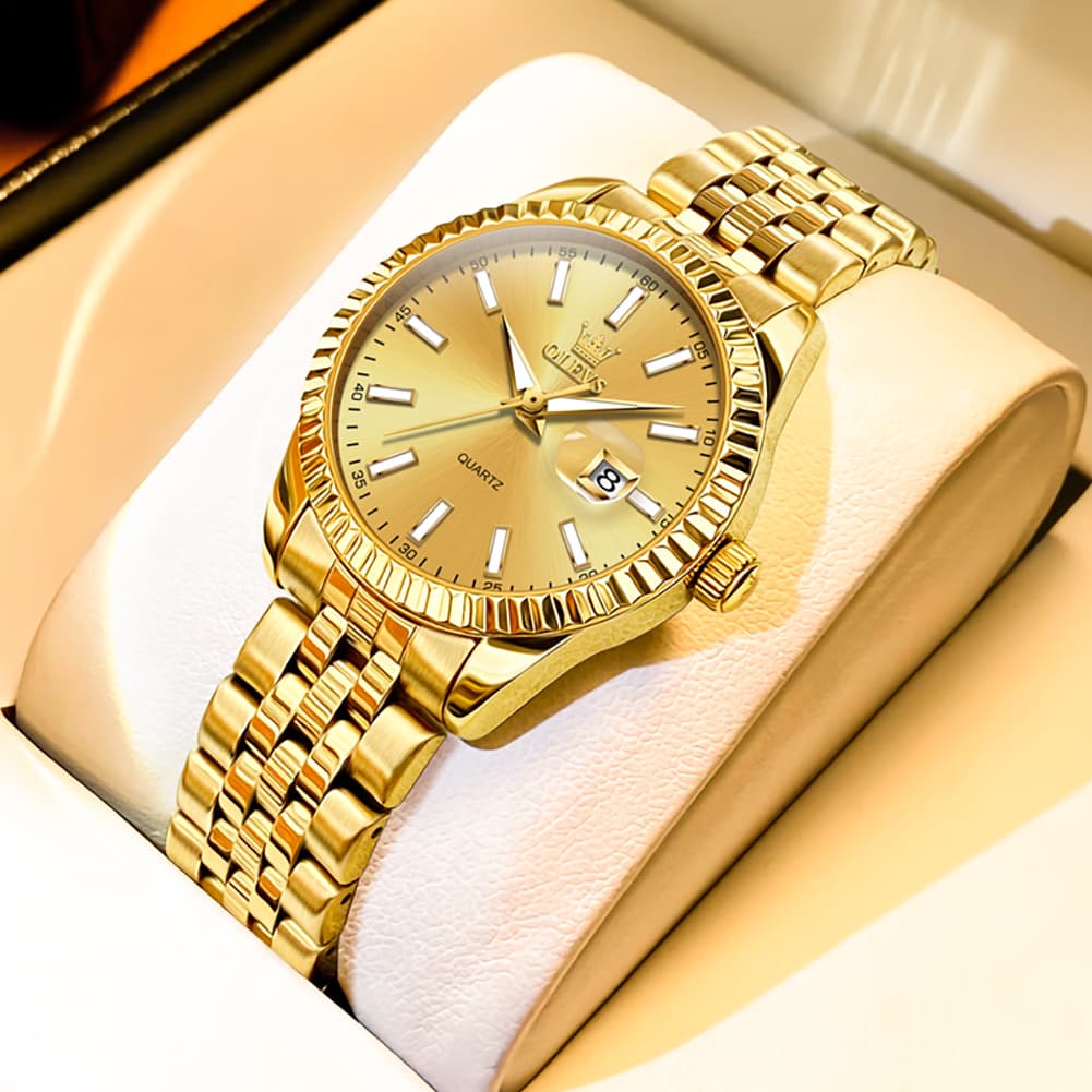OLEVS Couple Watch Fluted Bezel Two Tone Stainless Steel Date Quartz 5593