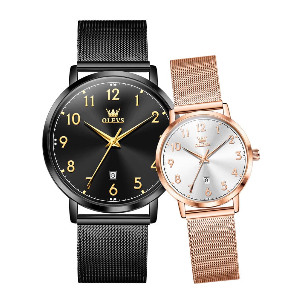 OLEVS 5653 Ultra Thin Couple Watch Milanese Mesh and Leather Strap Date Timepiece for Men and Women
