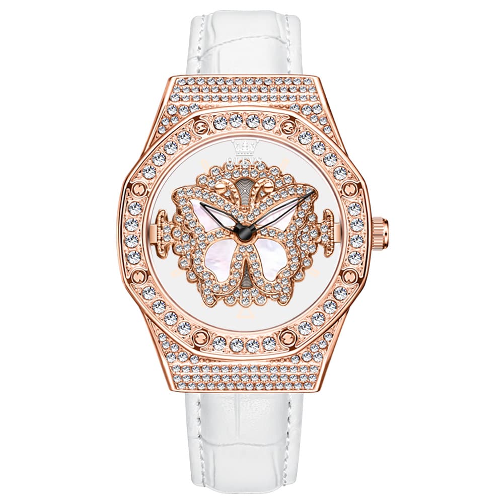 OLEVS 9996 Rotatable Diamond Bezel Leather Watch for Women