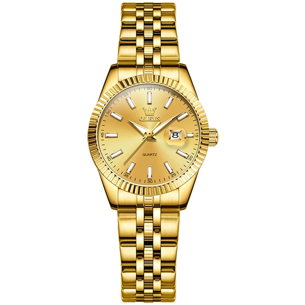 OLEVS Couple Watch Fluted Bezel Two Tone Stainless Steel Date Quartz 5593